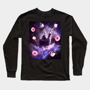 Outer Space Cat Riding Llama Unicorn - Donut Long Sleeve T-Shirt